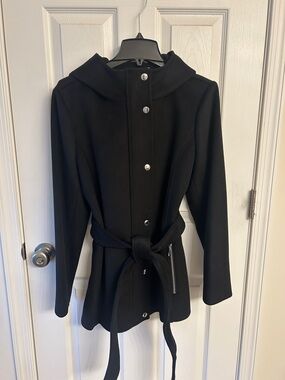 Michael Kors Women's Black Belted Hooded Full-Zip Trench Coat with Pockets Large